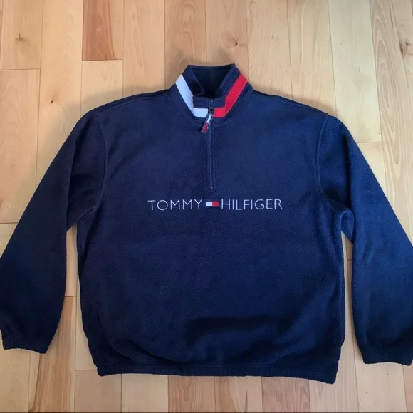 Y2K TOMMY HILFIGER BLUE FLEECE PULLOVER ZIP SWEATER UNISEX M-L - Picture 3 of 10